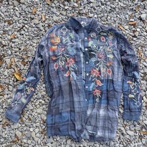 Johnny Was Workshop Blue Plaid Embroidered Floral Buttondown Shirt Womens M